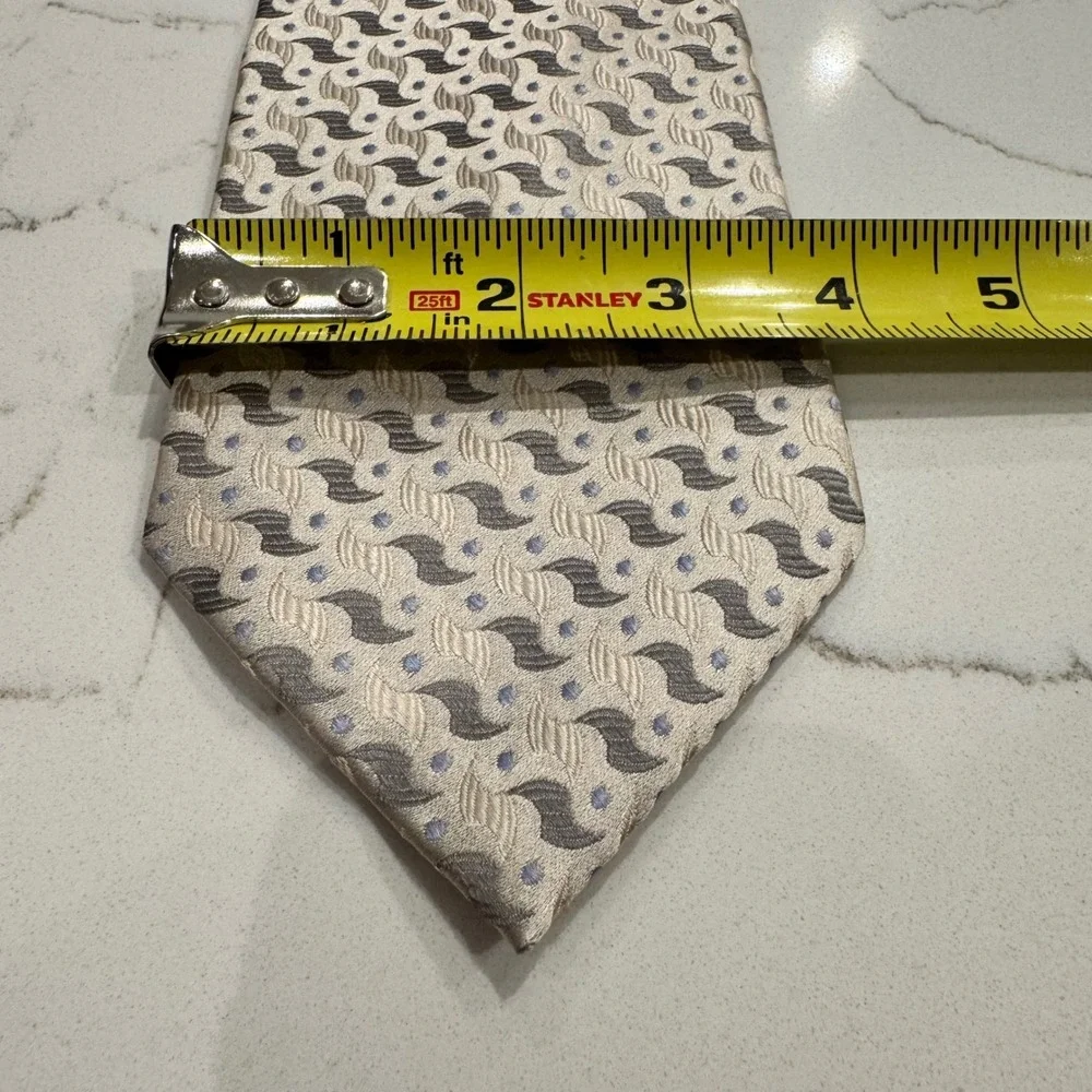 Paul Dione Mens Silk Tie Geometric Wave Polka Dot Champagne Silver Grey Handmade
